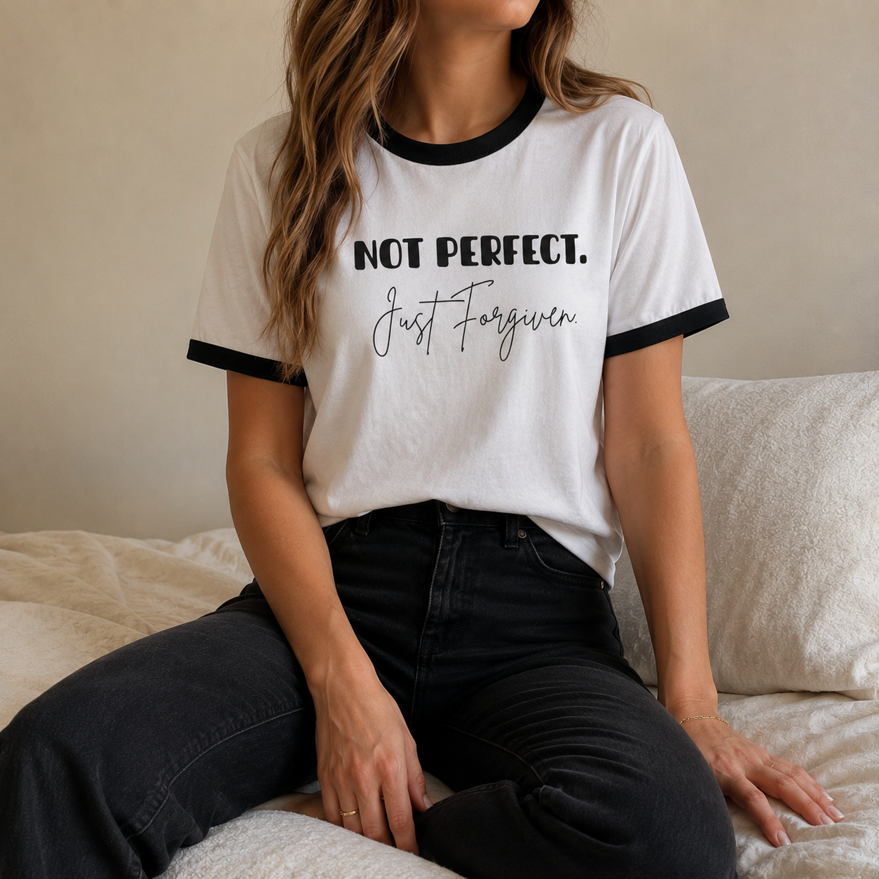 NOT PERFECT, JUST FORGIVEN. BASEBALL TEE