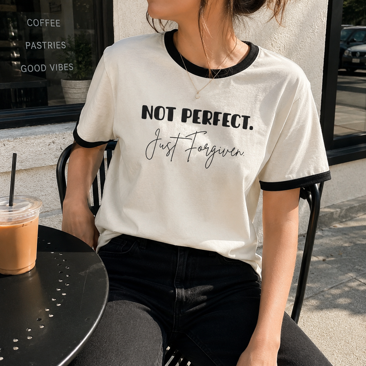 NOT PERFECT, JUST FORGIVEN. BASEBALL TEE
