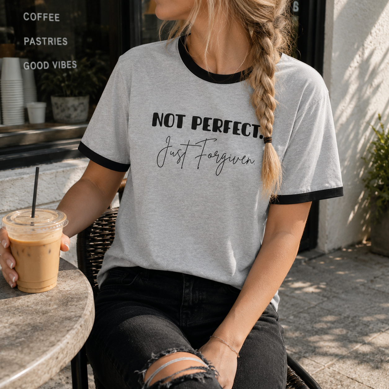 NOT PERFECT, JUST FORGIVEN. BASEBALL TEE